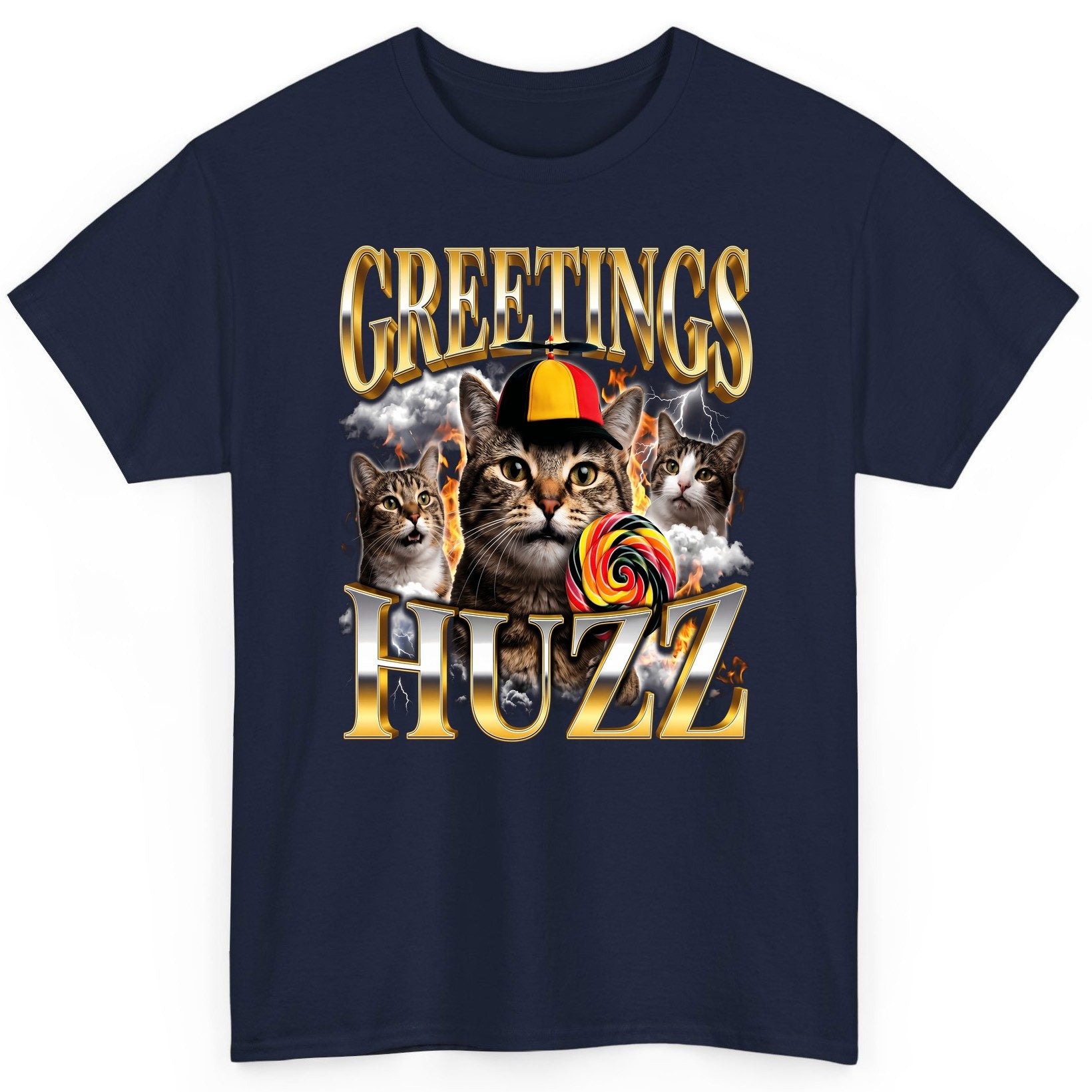 Greetings HUZZ Funny Cats T-Shirt - product mockup - Navy