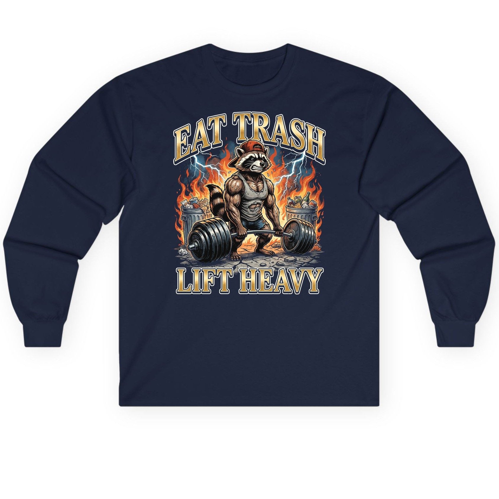 Eat Trash Lift Heavy raccoon Long Sleeve Tee Navy product mockup