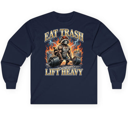 Eat Trash Lift Heavy raccoon Long Sleeve Tee Navy product mockup