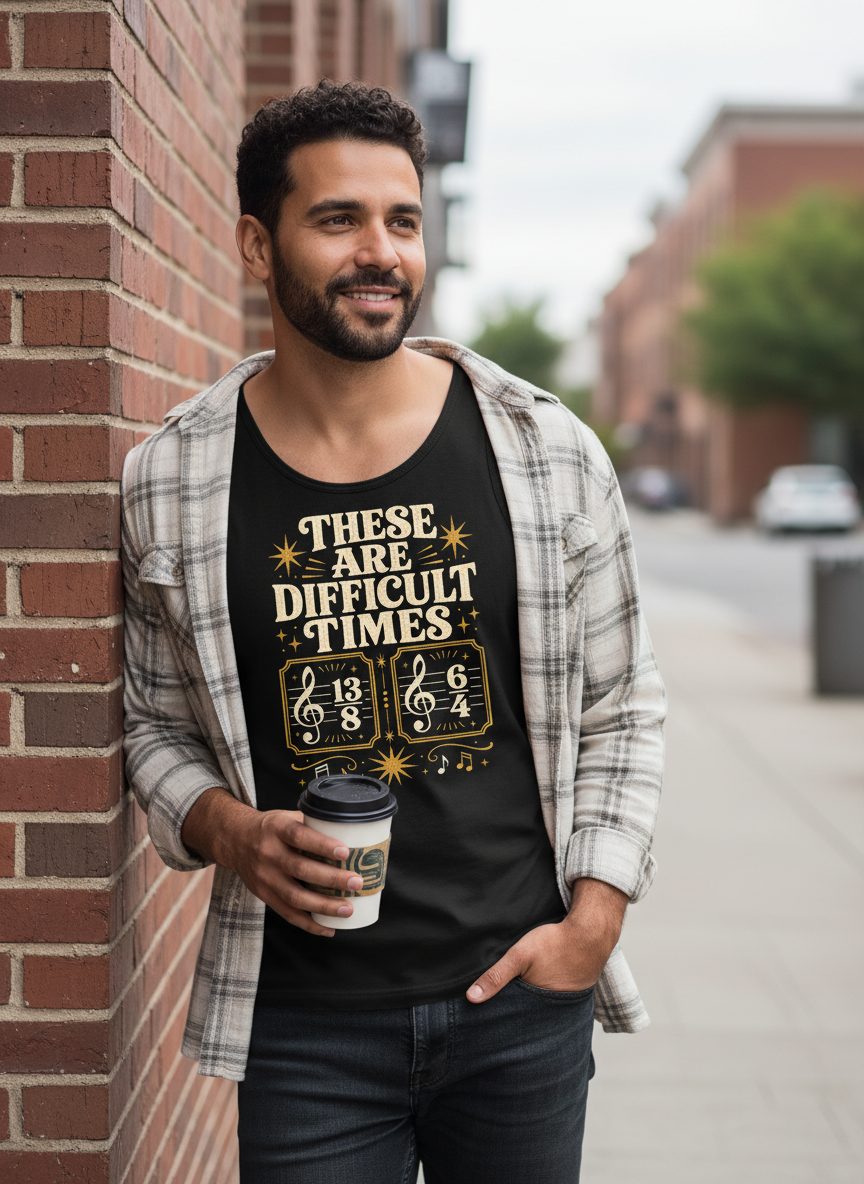 These Are Difficult Times Funny Music Pun Tank Top - lifestyle model mockup - Black