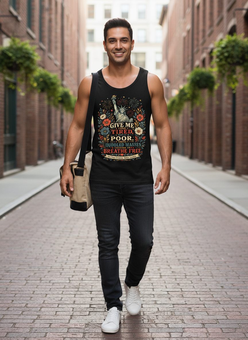 Breathe Free Patriotic Statue Liberty Vintage Americans Tank Top - lifestyle model mockup - Black