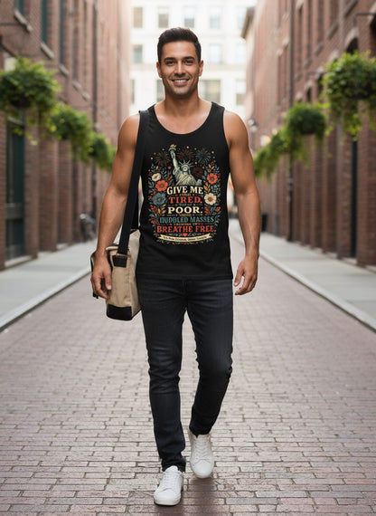 Breathe Free Patriotic Statue Liberty Vintage Americans Tank Top - lifestyle model mockup - Black