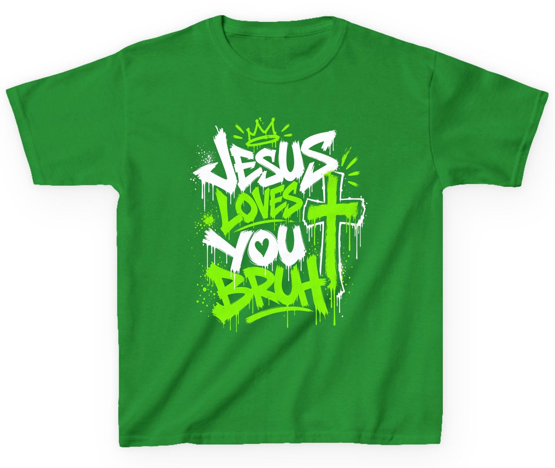 Jesus Loves You Bruh Christian Youth T-Shirt - product mockup - Irish Green