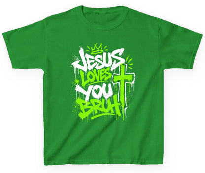 Jesus Loves You Bruh Christian Youth T-Shirt - product mockup - Irish Green