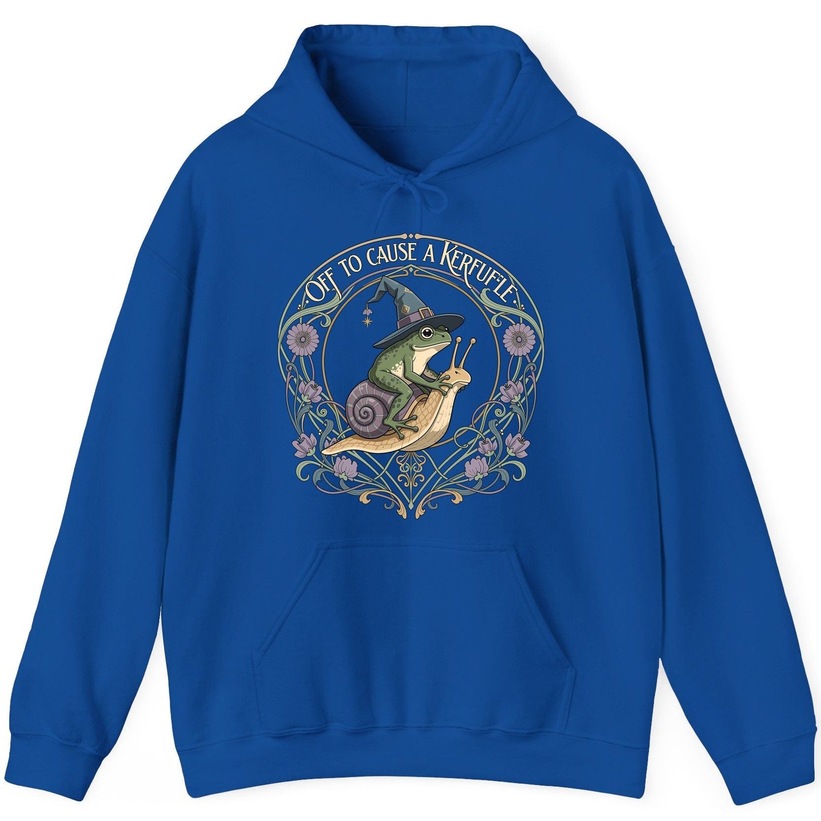 Off to Cause a Kerfuffle frog riding a snail Hoodie Royal product mockup