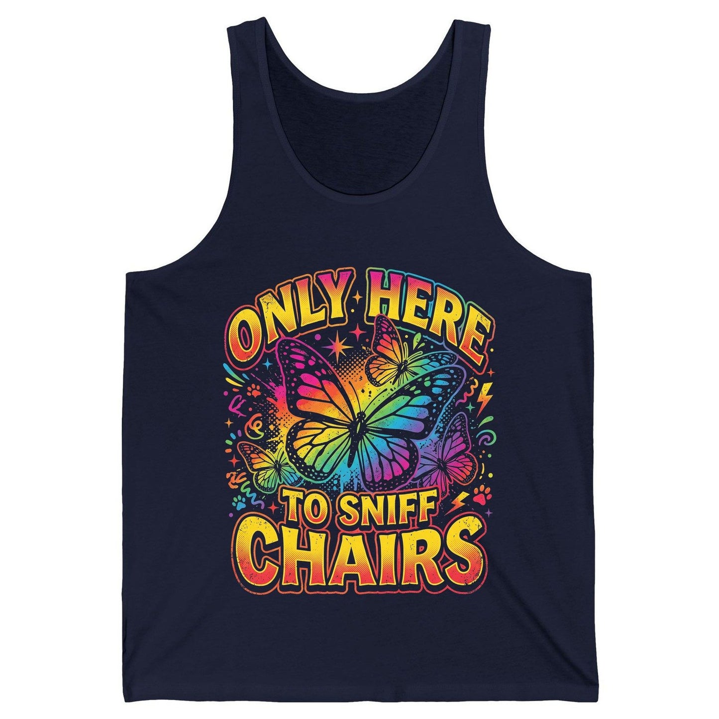 ONLY HERE TO SNIFF CHAIRS Funny Meme Tank Top - product mockup - Navy