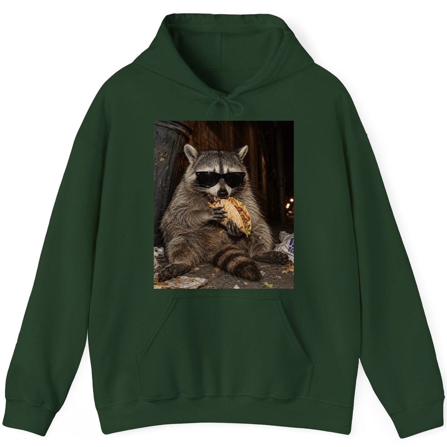 Raccoon Eating Taco Funny Animal Lovers Hoodie - product mockup - Forest Green