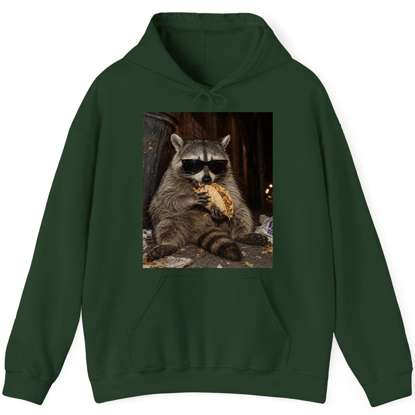 Raccoon Eating Taco Funny Animal Lovers Hoodie - product mockup - Forest Green