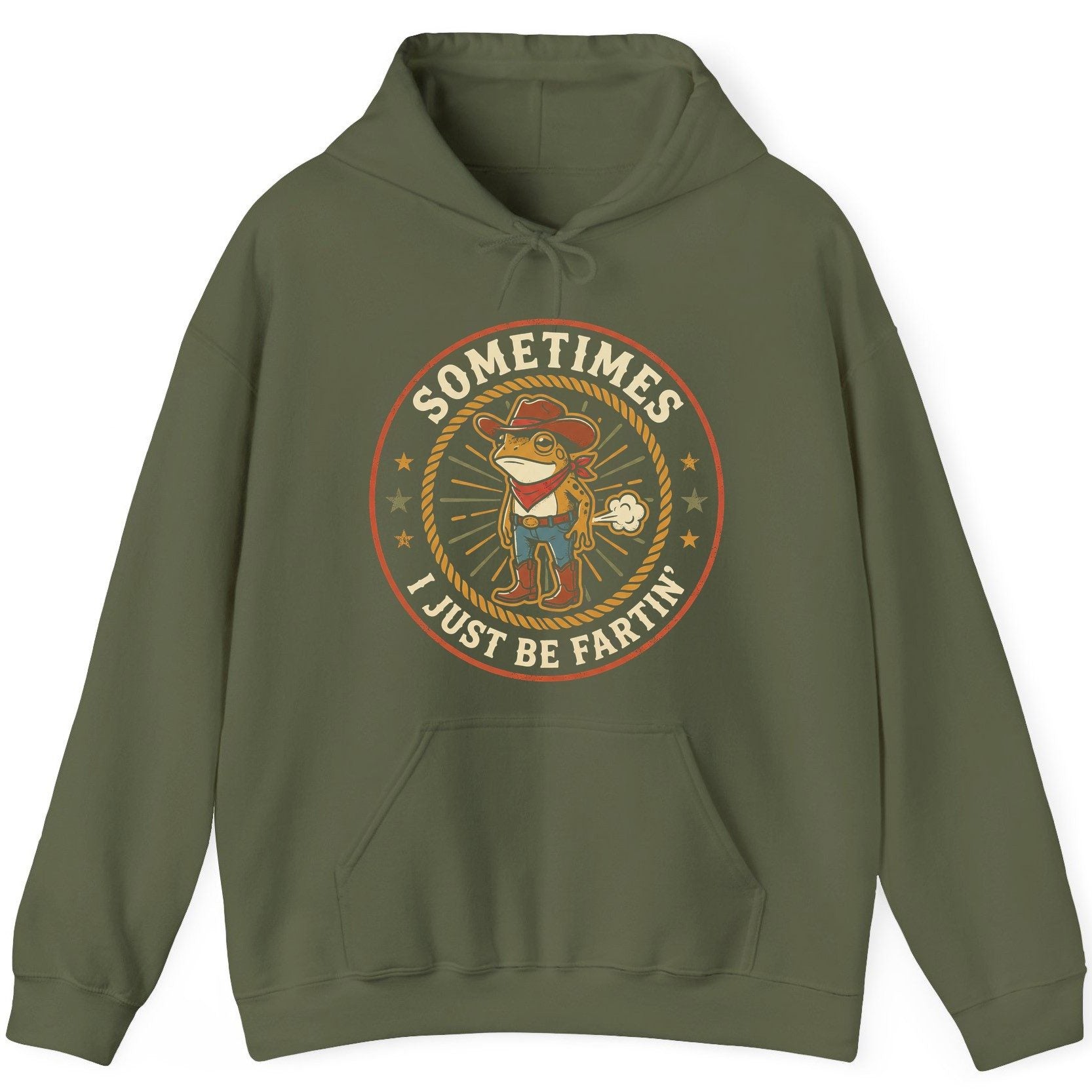 Sometimes I Just Be Fartin' cowboy frog Hoodie Military Green product mockup
