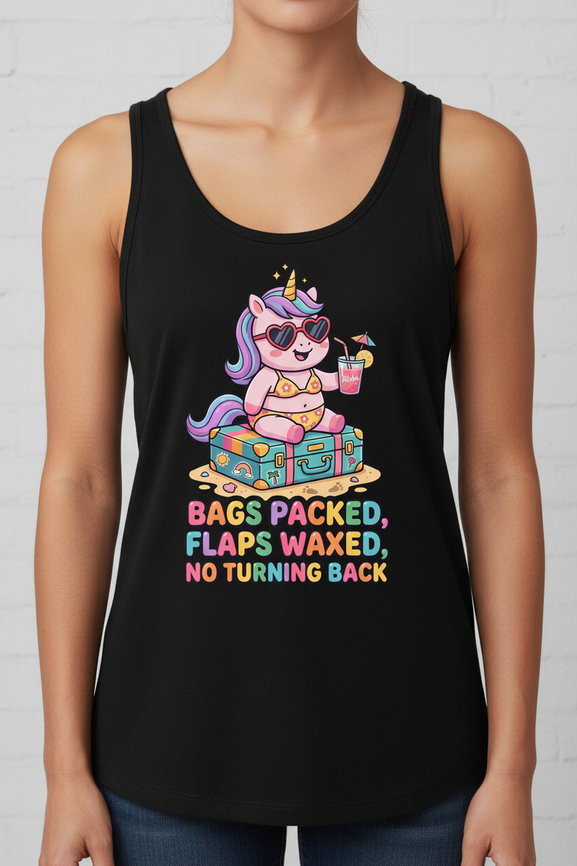 Funny Unicorn Vacation Quote Bags Packed Flaps Waxed Tank Top - Black