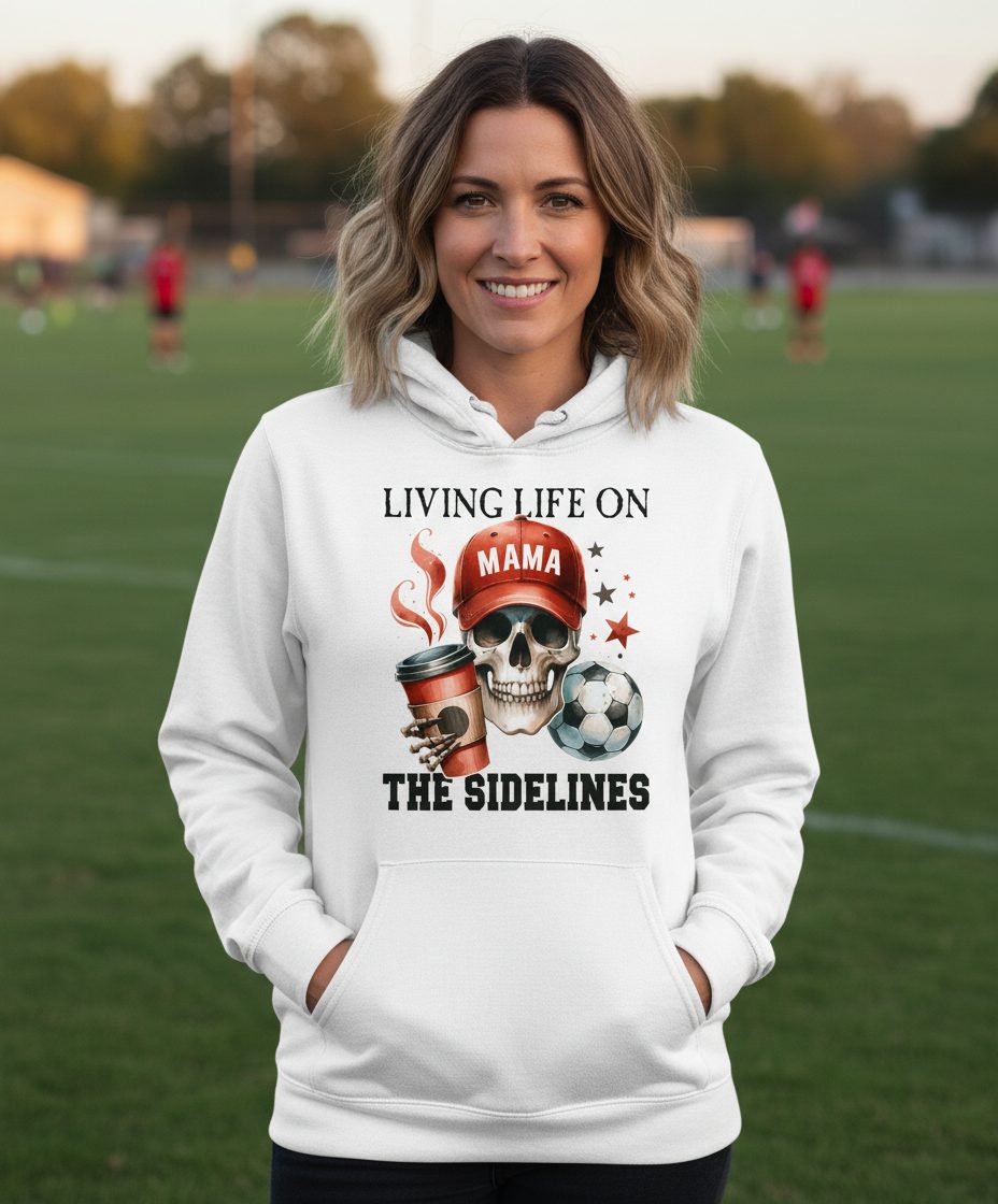 Mama Living Life on the Sidelines soccer mom Hoodie White lifestyle mockup