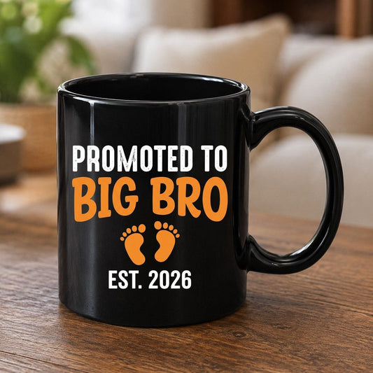 Promoted TO BIG BRO EST 2026 Pregnancy Announcement Black Mug - product mockup - Black