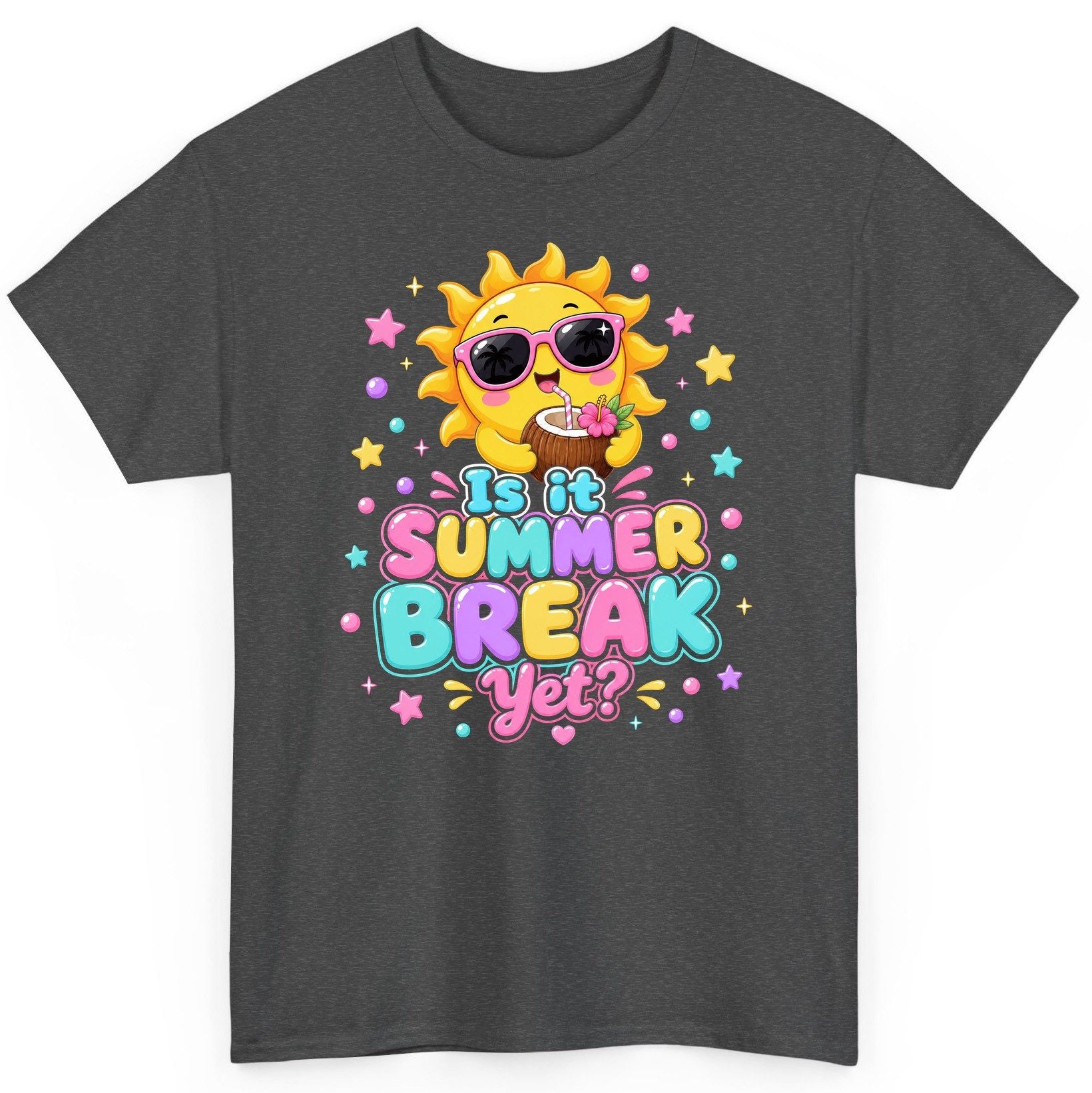 Is It SUMMER BREAK Yet Funny Vacation T-Shirt - product mockup - Dark Heather