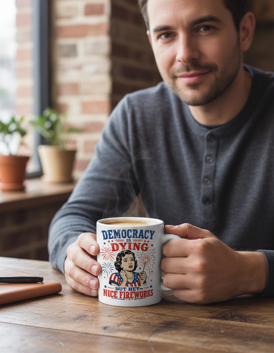 Democracy Is Dying but Hey Nice Fireworks White Mug - lifestyle model mockup - White
