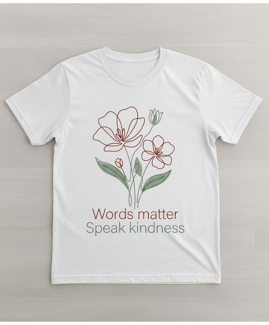Words Matter Speak Kindness Floral Line Art T-Shirt - White