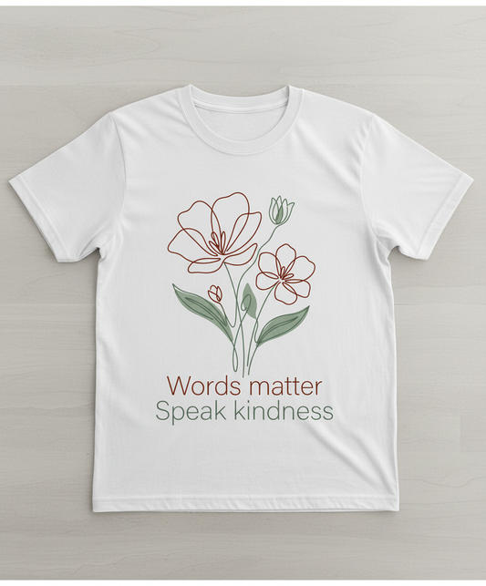 Words Matter Speak Kindness Floral Line Art T-Shirt - White