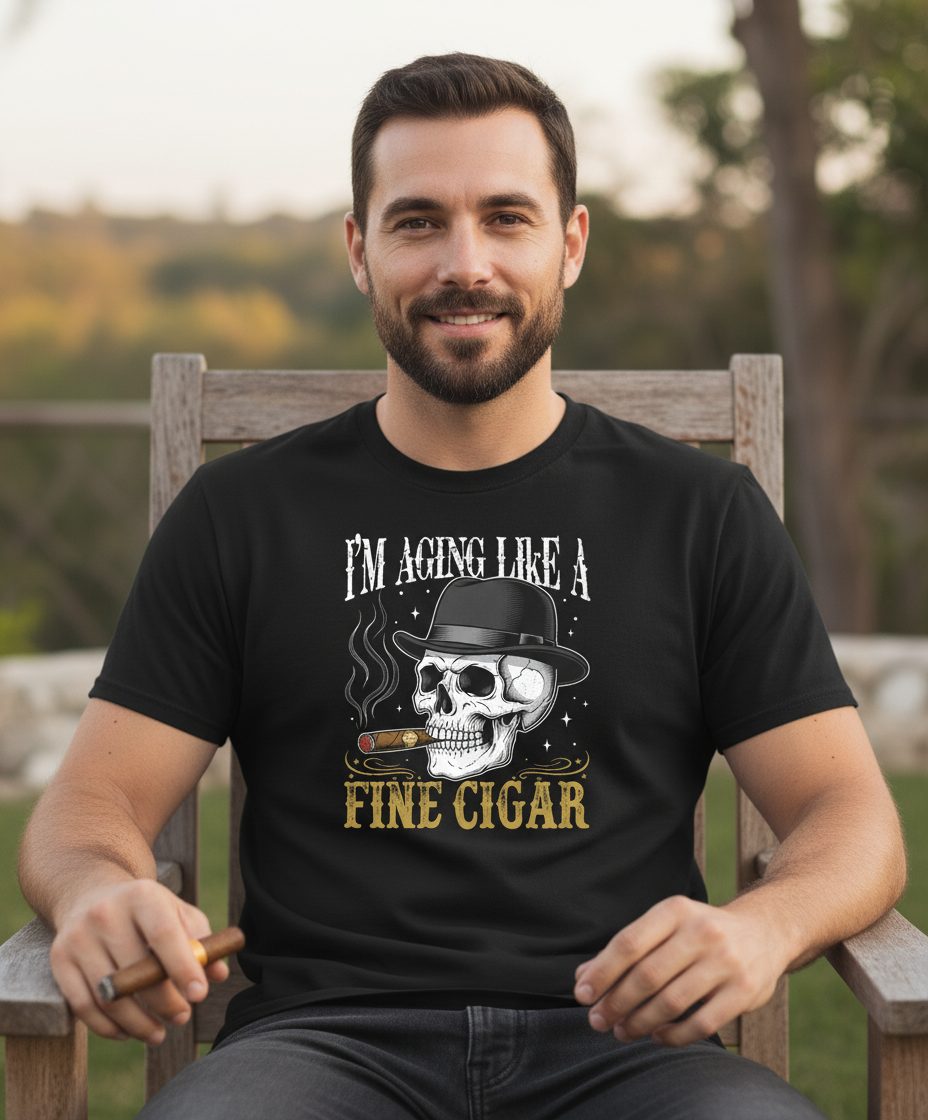 I'm Aging Like a Fine Cigar smoking skull T-Shirt Black lifestyle mockup