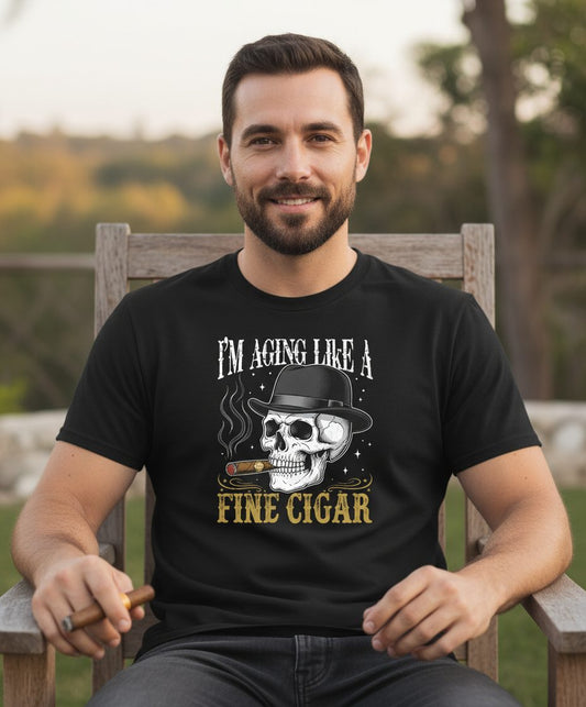 I'm Aging Like a Fine Cigar smoking skull T-Shirt Black lifestyle mockup