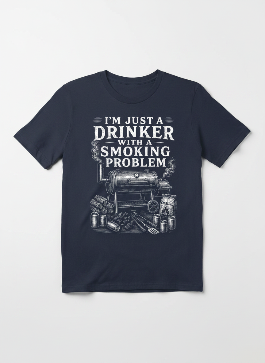 I'M JUST A DRINKER WITH A SMOKING PROBLEM Funny Drinker With A Smoking Problem BBQ T-Shirt - product mockup - Navy