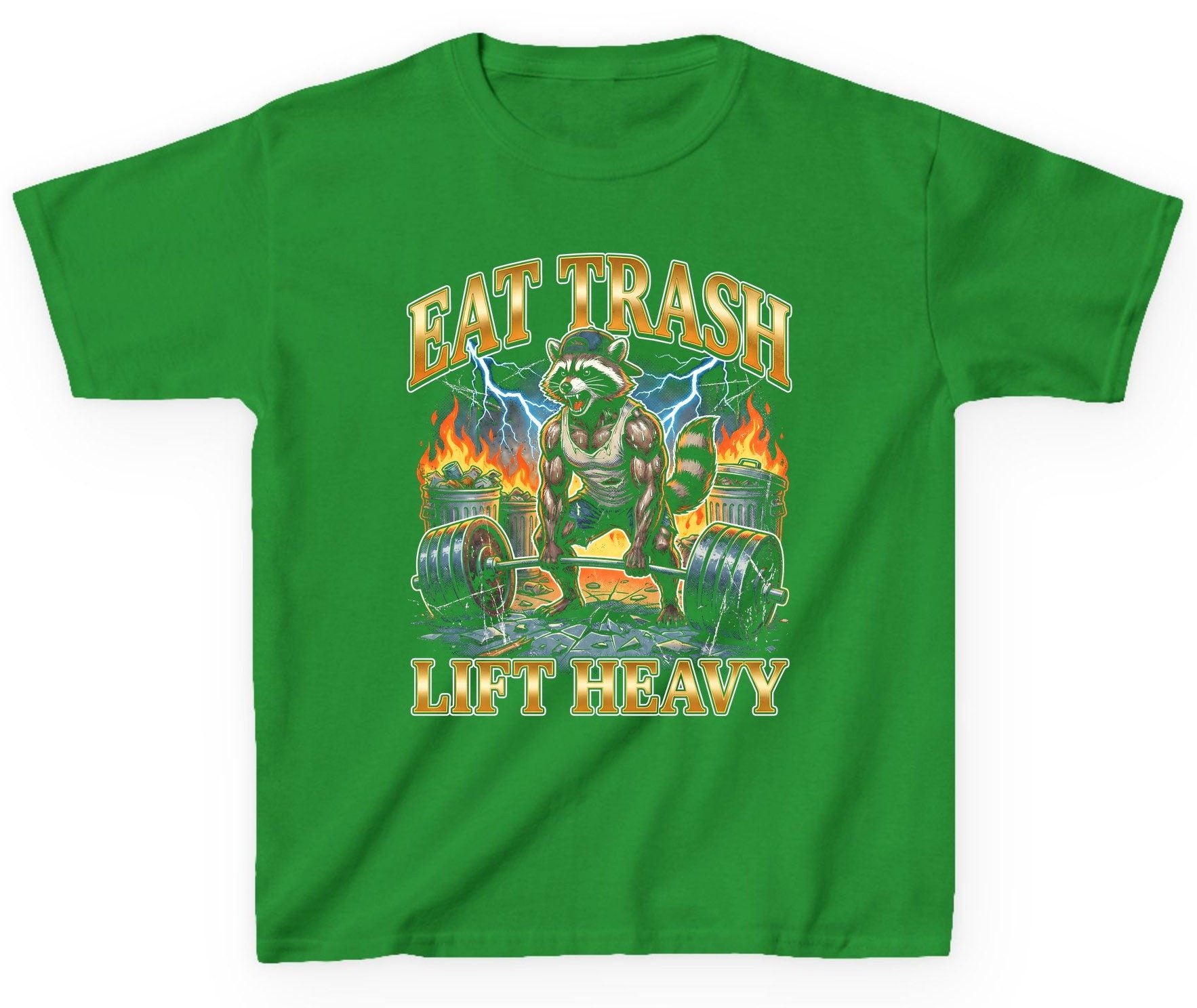 Eat Trash Lift Heavy raccoon Youth T-Shirt Irish Green product mockup