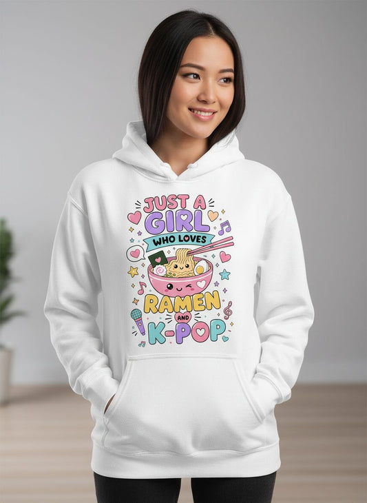 Just a Girl Who Loves Ramen and K-Pop Fans Hoodie - product mockup - White