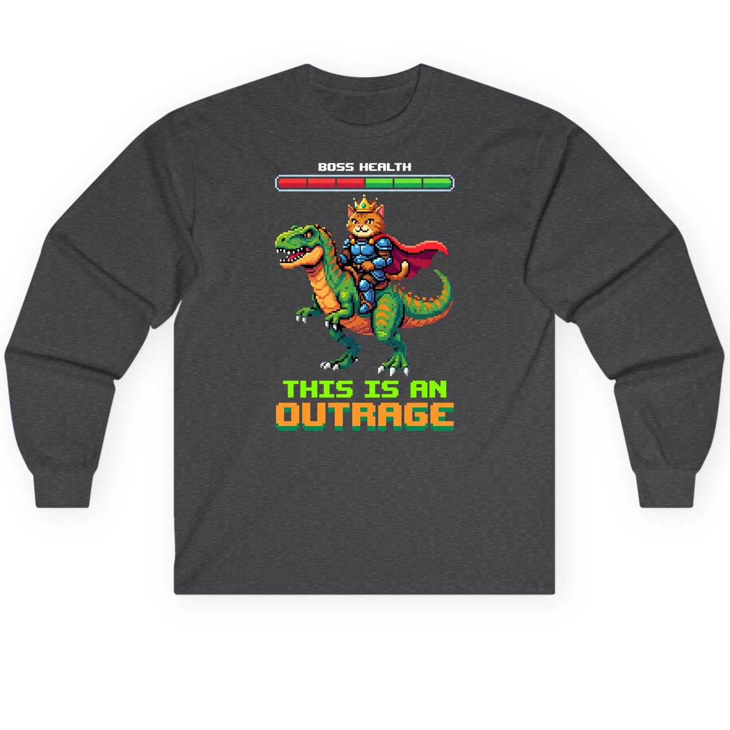 THIS IS AN OUTRAGE Cat riding a dinosaur Long Sleeve Tee Dark Heather product mockup