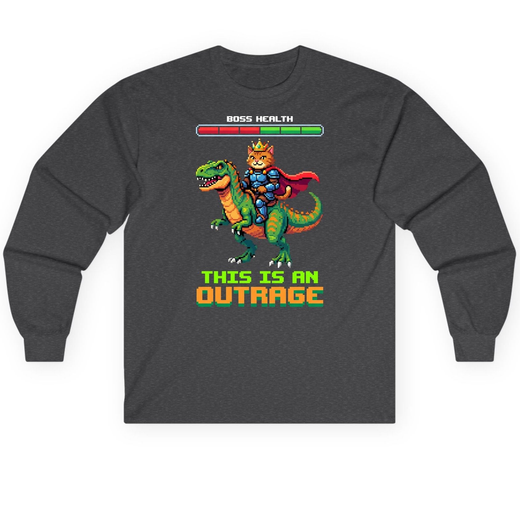 THIS IS AN OUTRAGE Cat riding a dinosaur Long Sleeve Tee Dark Heather product mockup