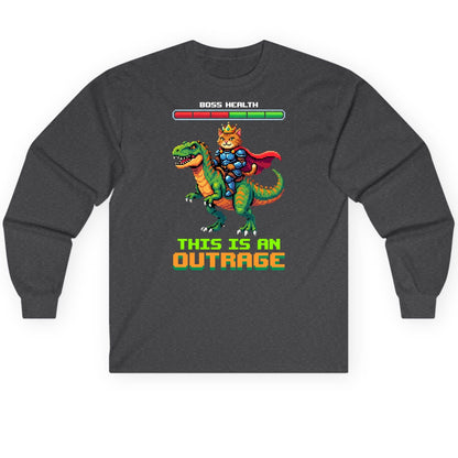 THIS IS AN OUTRAGE Cat riding a dinosaur Long Sleeve Tee Dark Heather product mockup