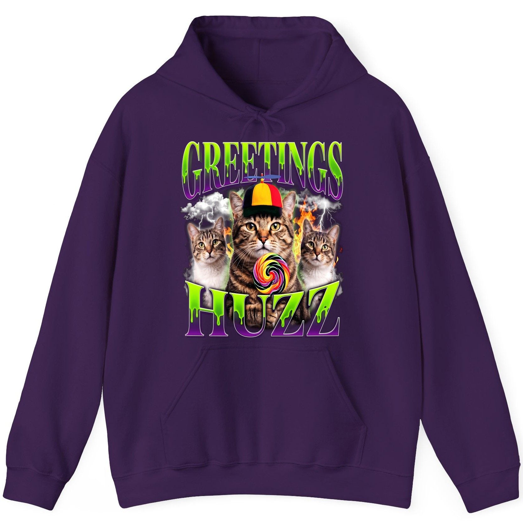 Greetings HUZZ Funny Cat Hoodie - product mockup - Purple
