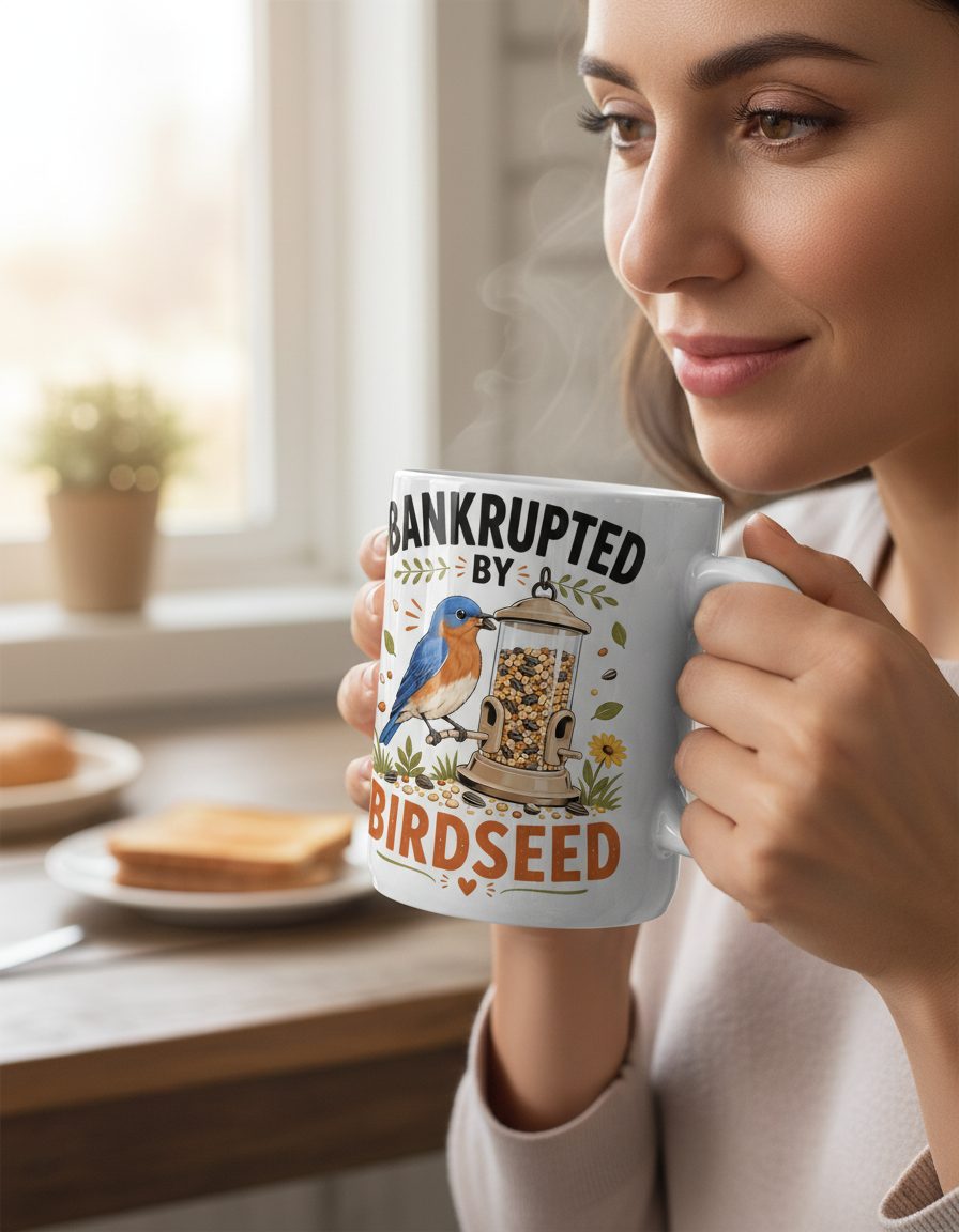 Bankrupted By Birdseed Funny Humor White Mug - lifestyle model mockup - White