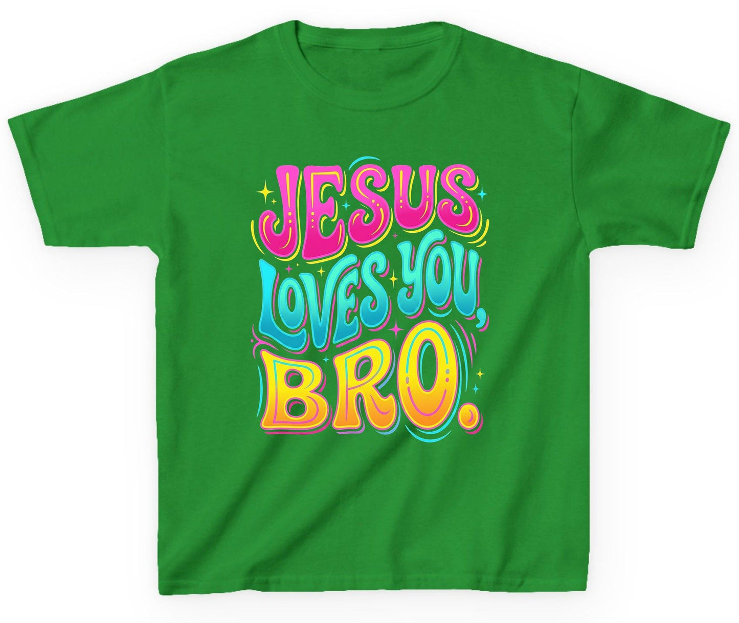 JESUS LOVES YOU BRO Retro Christian Youth T-Shirt - product mockup - Irish Green