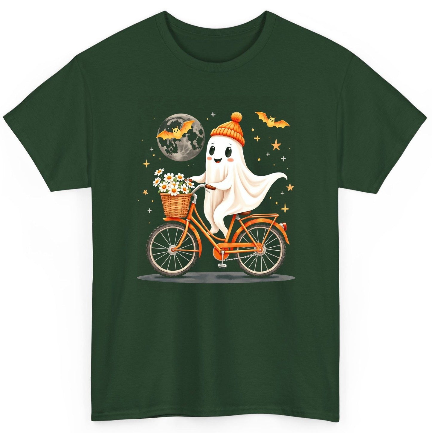 Cute Ghost on Bicycle cute ghost T-Shirt Forest Green product mockup