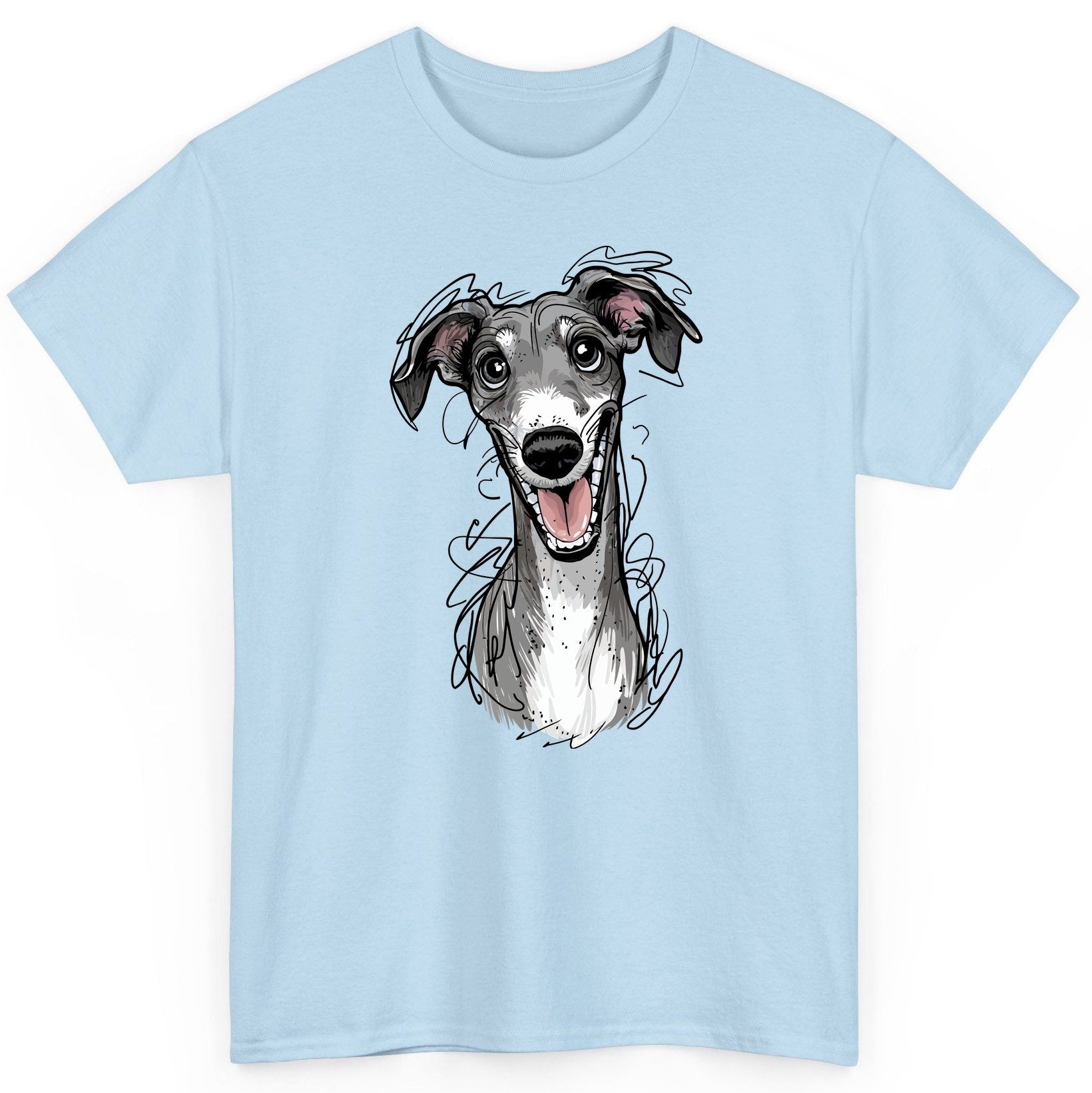 Smiling Greyhound Caricature greyhound T-Shirt Light Blue product mockup