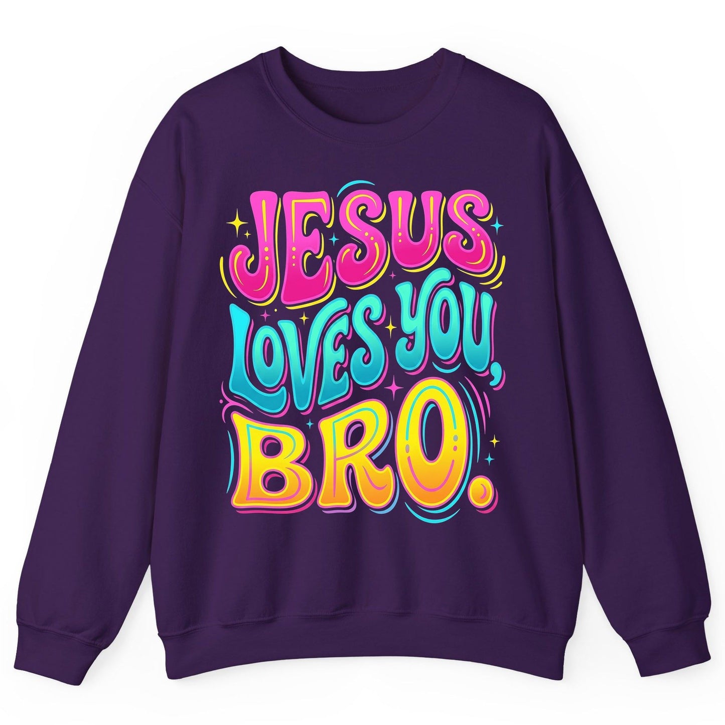 JESUS LOVES YOU BRO Retro Christian Sweatshirt - product mockup - Purple