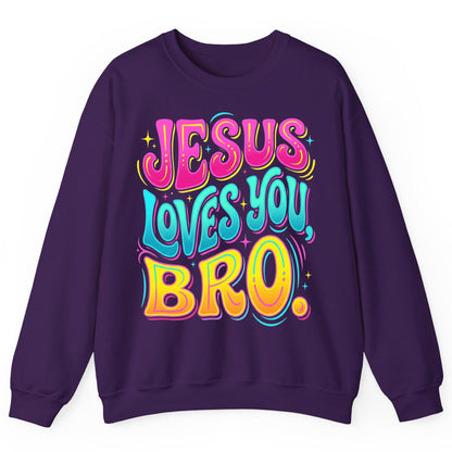 JESUS LOVES YOU BRO Retro Christian Sweatshirt - product mockup - Purple
