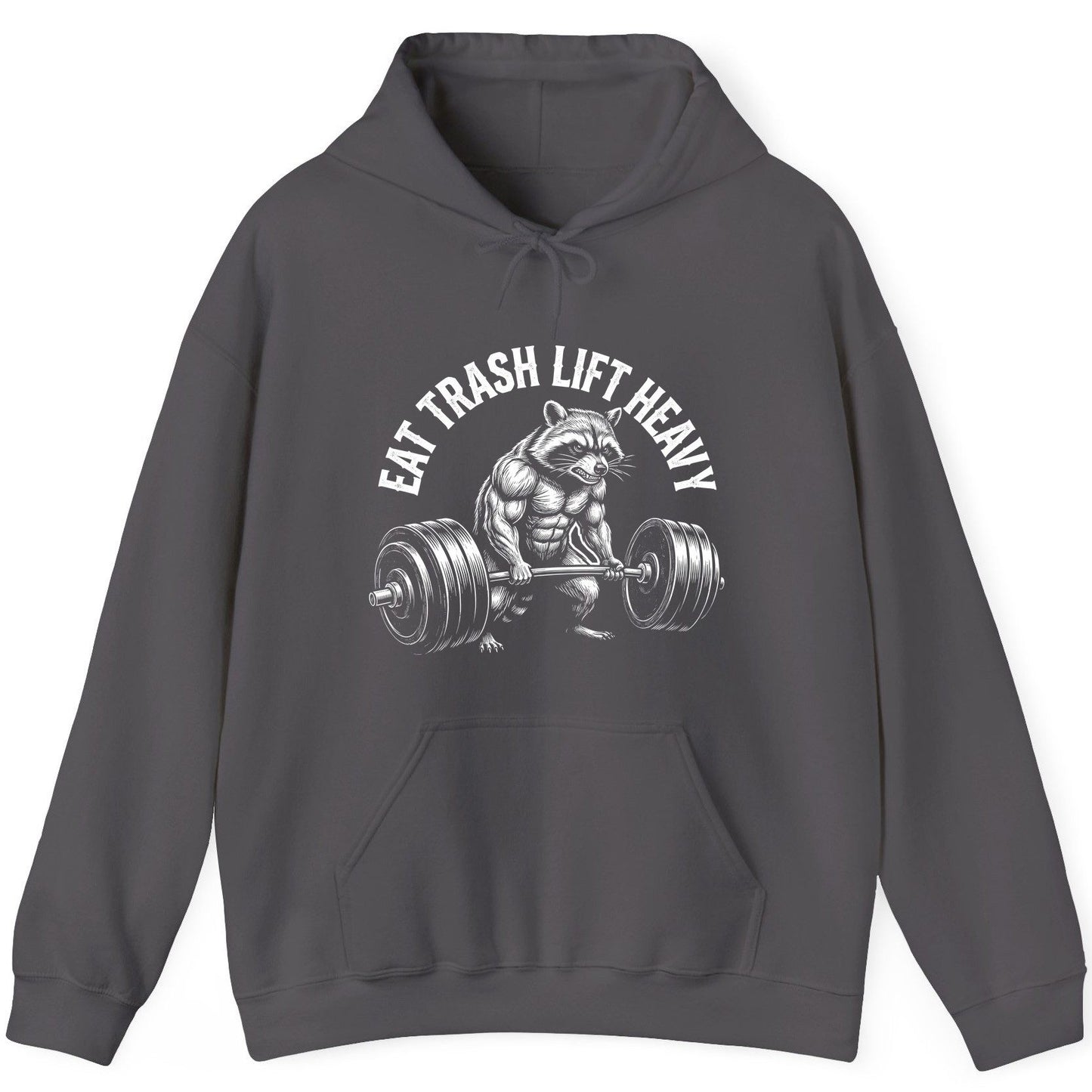 Eat Trash Lift Heavy raccoon Hoodie Charcoal product mockup