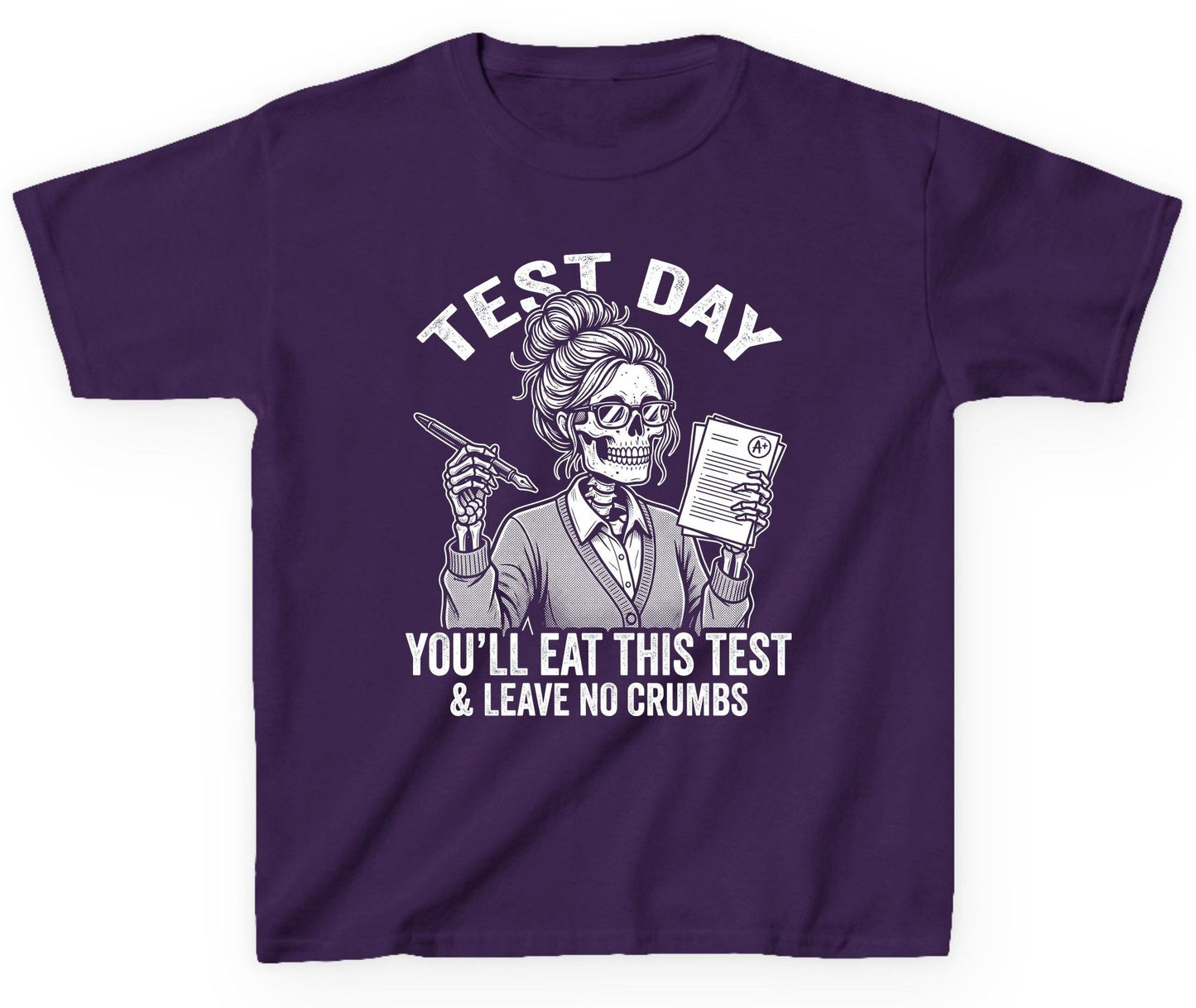 You'll Eat This Test & Leave No Crumbs Funny Day Youth T-Shirt - product mockup - Purple