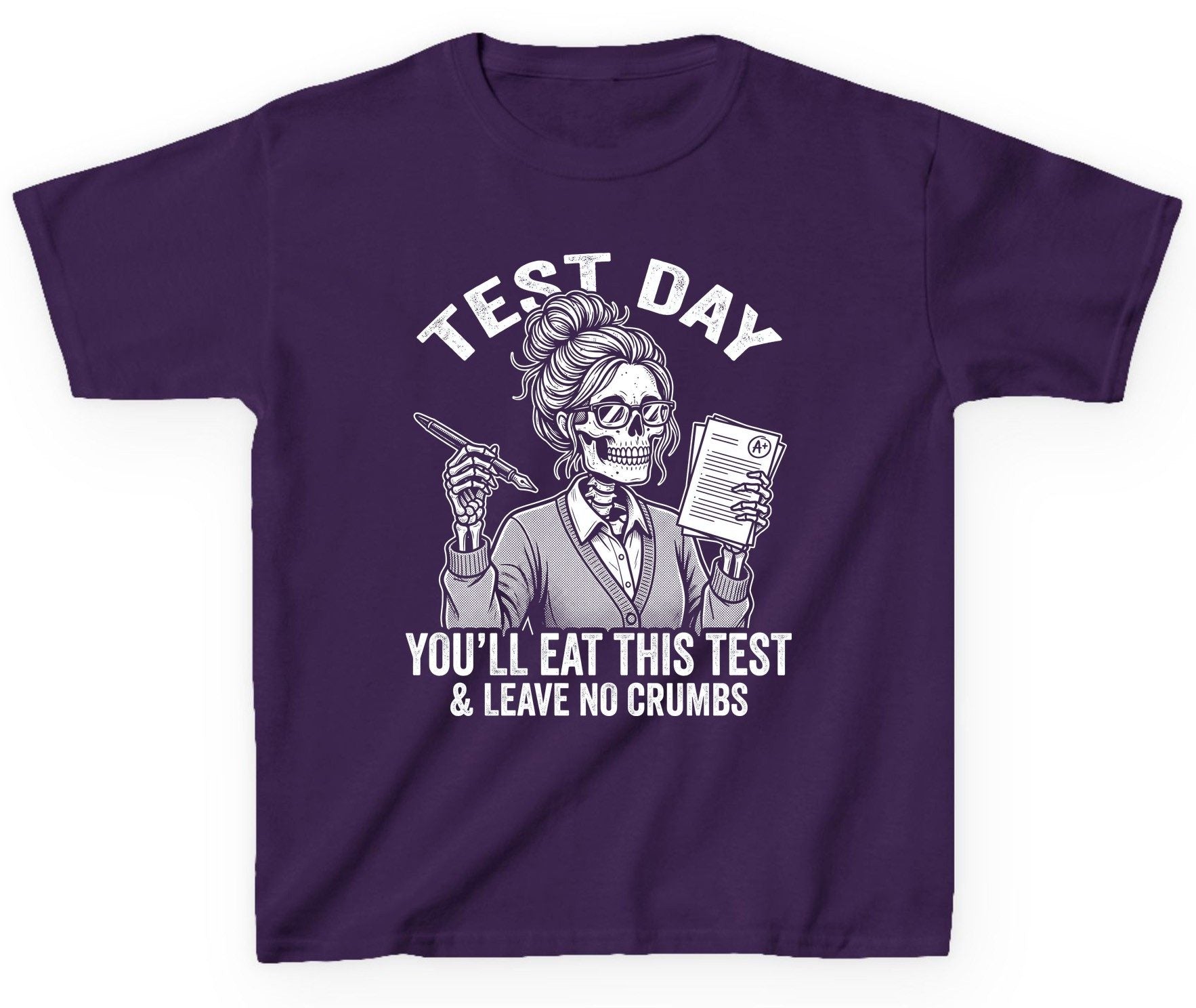 You'll Eat This Test & Leave No Crumbs Funny Day Youth T-Shirt - product mockup - Purple