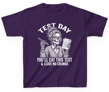 You'll Eat This Test & Leave No Crumbs Funny Day Youth T-Shirt - product mockup - Purple