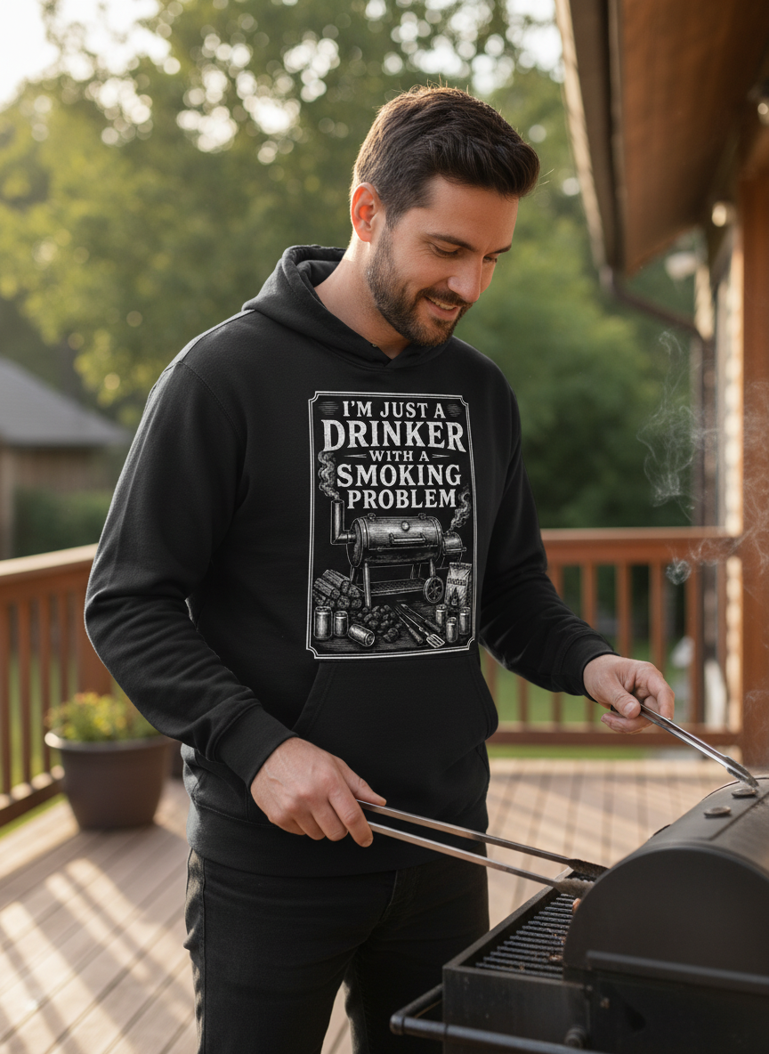 I'M JUST A DRINKER WITH A SMOKING PROBLEM Funny Drinker With A Smoking Problem BBQ Hoodie - lifestyle model mockup - Black
