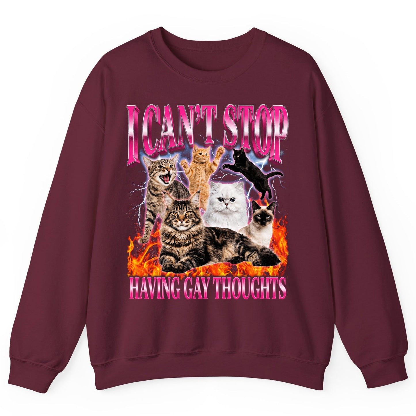 I Can't Stop Having Gay Thoughts cats Sweatshirt Maroon product mockup