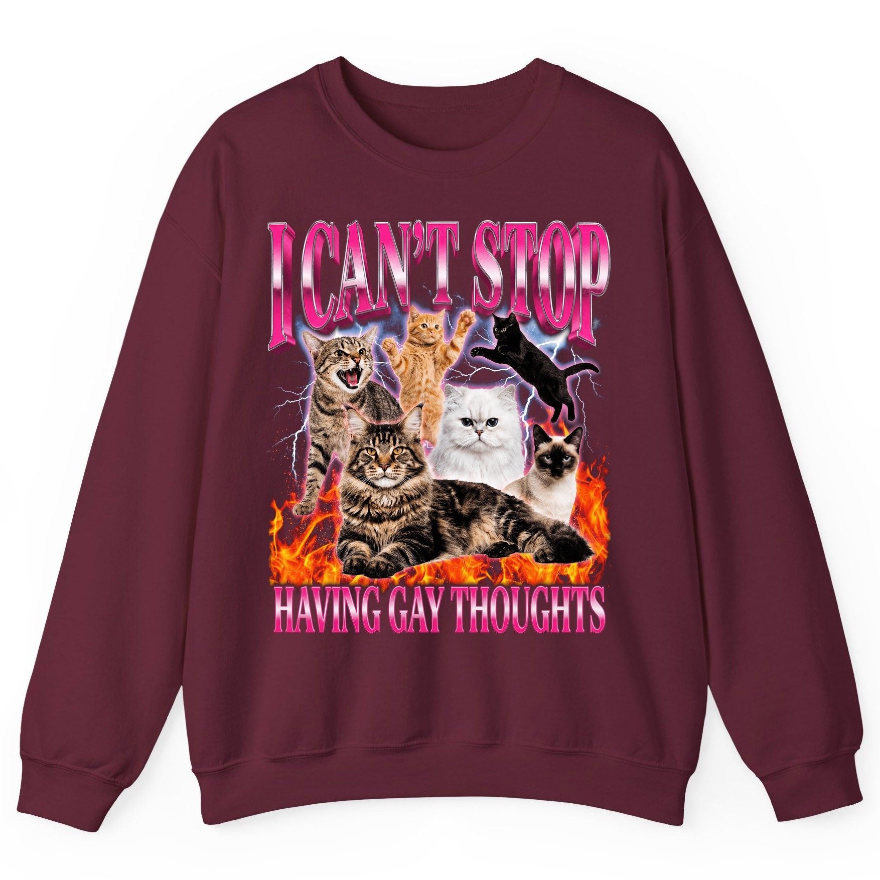I Can't Stop Having Gay Thoughts cats Sweatshirt Maroon product mockup