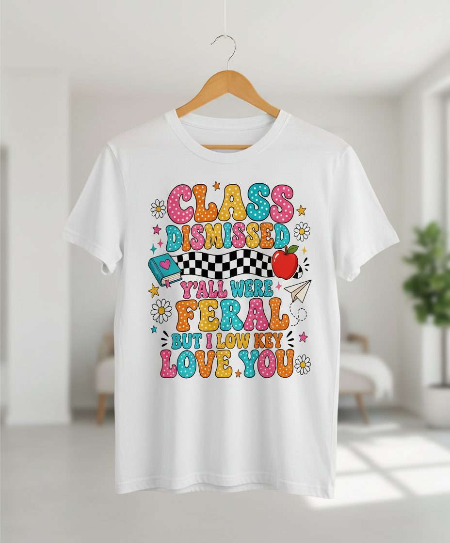 Class Dismissed Y'all Were Feral but I Low Key Love You T-Shirt - product mockup - White