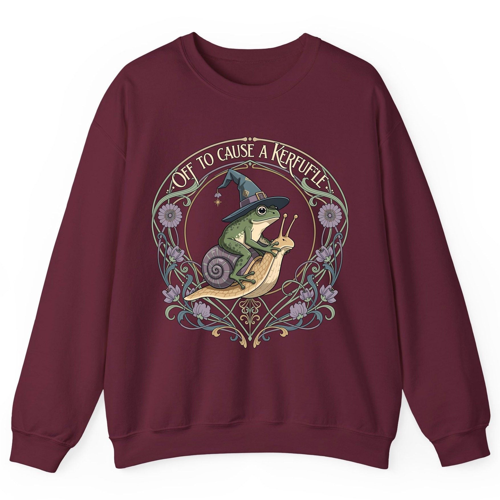 Off to Cause a Kerfuffle frog riding a snail Sweatshirt Maroon product mockup