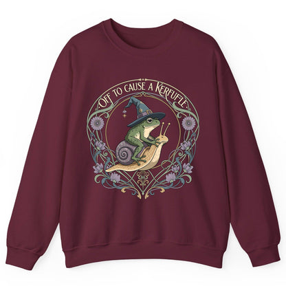 Off to Cause a Kerfuffle frog riding a snail Sweatshirt Maroon product mockup