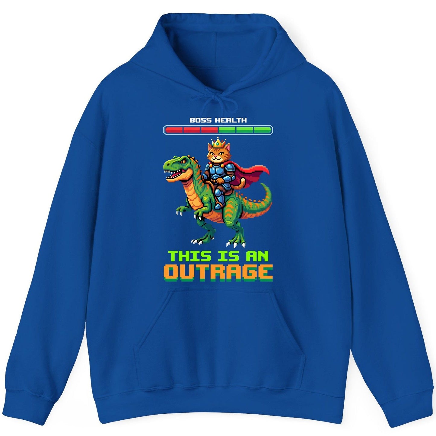 THIS IS AN OUTRAGE Cat riding a dinosaur Hoodie Royal product mockup
