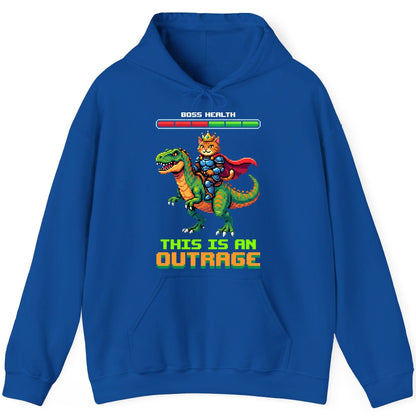 THIS IS AN OUTRAGE Cat riding a dinosaur Hoodie Royal product mockup