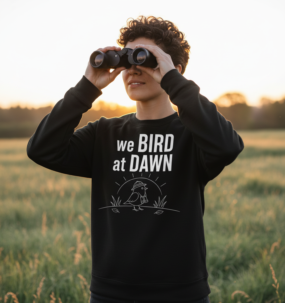 Funny We Bird at Dawn Birdwatching Sweatshirt - lifestyle model mockup - Black