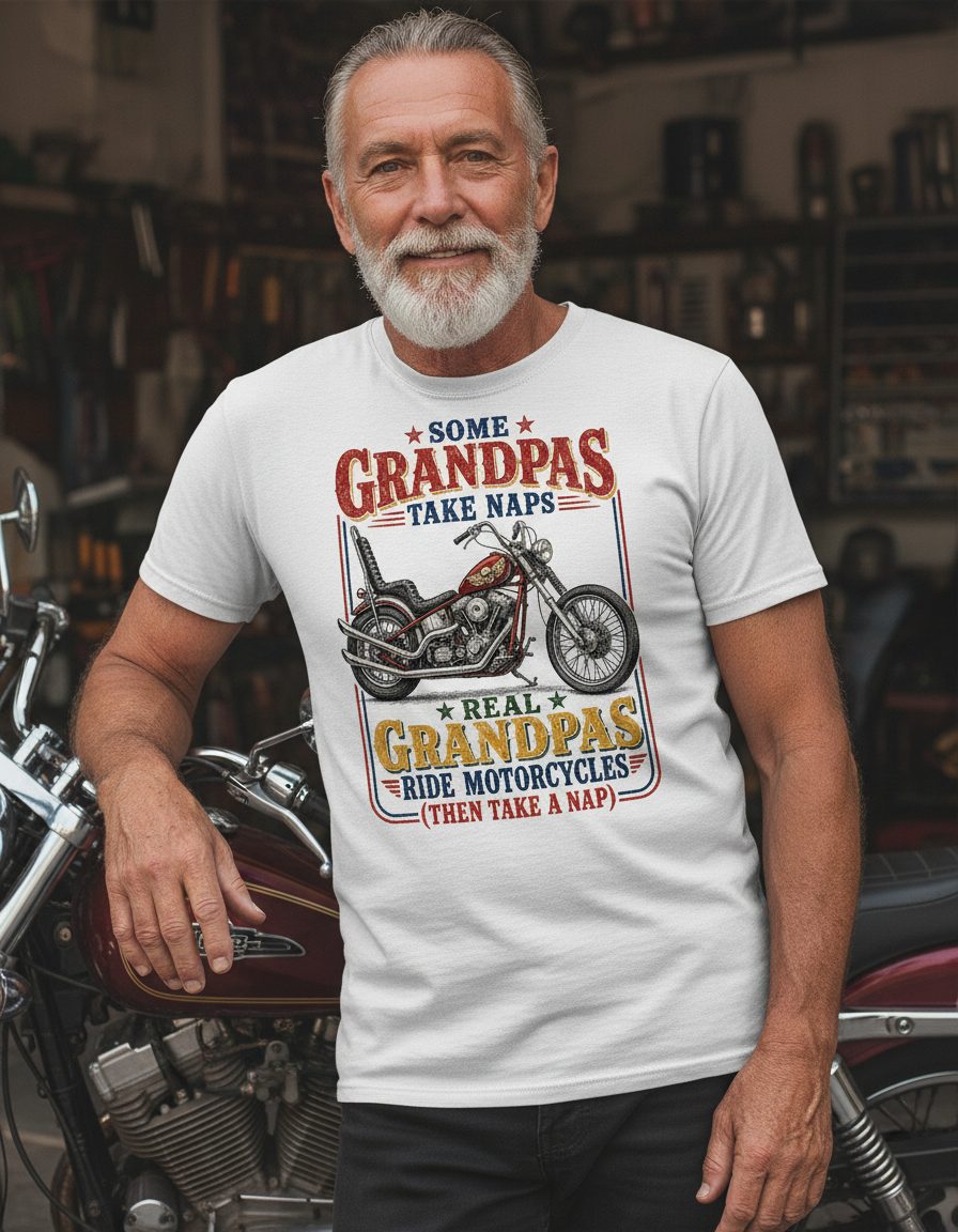 ★ Some ★ Grandpas Take Naps ★ Real ★ Grandpas Ride Motorcycles (then Take a Nap) Funny Biker Grandpa T-Shirt - lifestyle model mockup - White