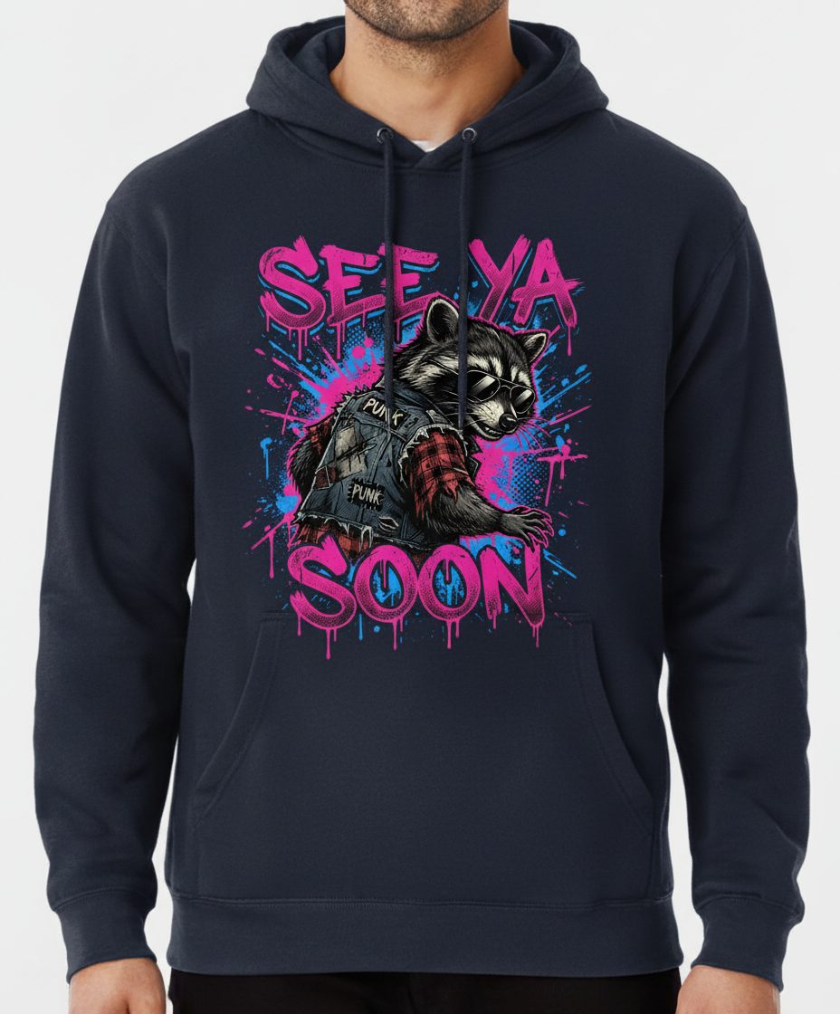 See Ya Soon Raccoon Hoodie - product mockup - Navy